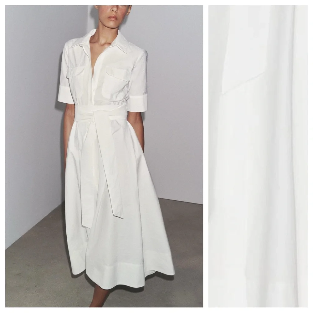 NWT. Zara ZW Collection Oyster-White Cotton Blend Midi Dress. Size M. - Picture 2 of 10